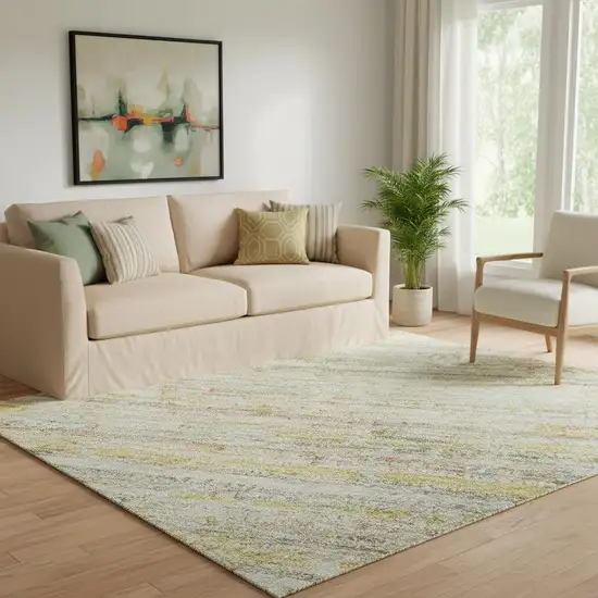 Sage Ivory And Gold Striped Washable Area Rug With UV Protection Photo 2