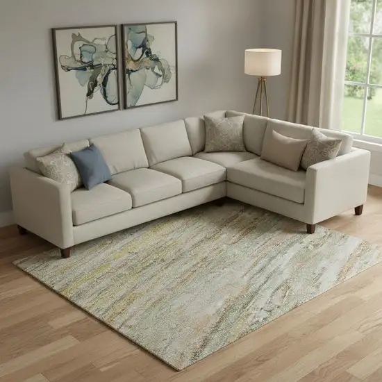 Sage Ivory And Gold Striped Washable Area Rug With UV Protection Photo 2