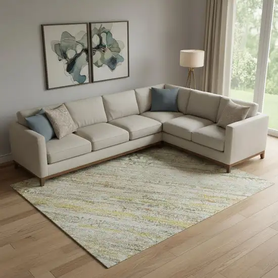 Sage Ivory And Gold Striped Washable Area Rug With UV Protection Photo 2