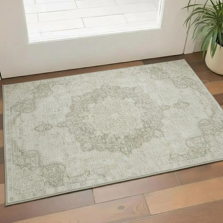 Sage Ivory And Gray Oriental Washable Area Rug With UV Protection Photo 2