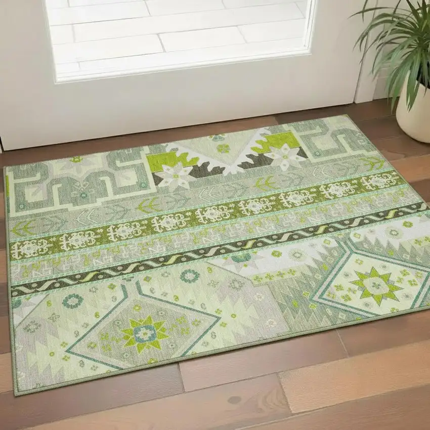 Sage Ivory And Lime Green Southwestern Washable Area Rug With UV Protection Photo 2
