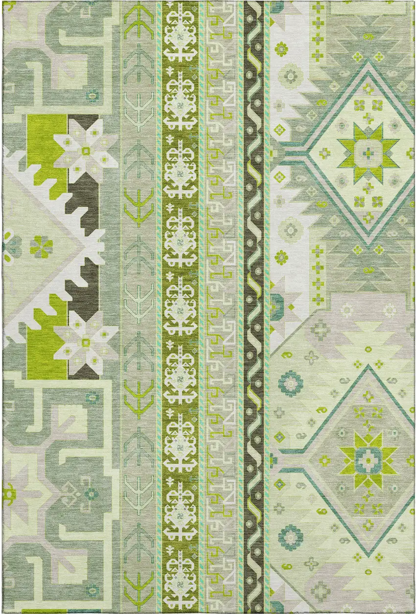 Sage Ivory And Lime Green Southwestern Washable Area Rug With UV Protection Photo 1