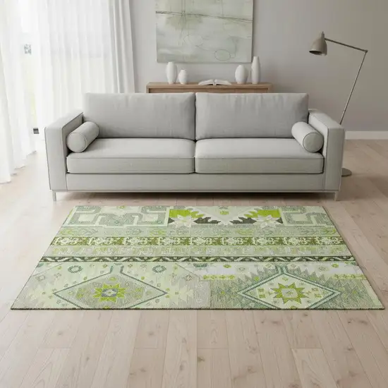 Sage Ivory And Lime Green Southwestern Washable Area Rug With UV Protection Photo 2