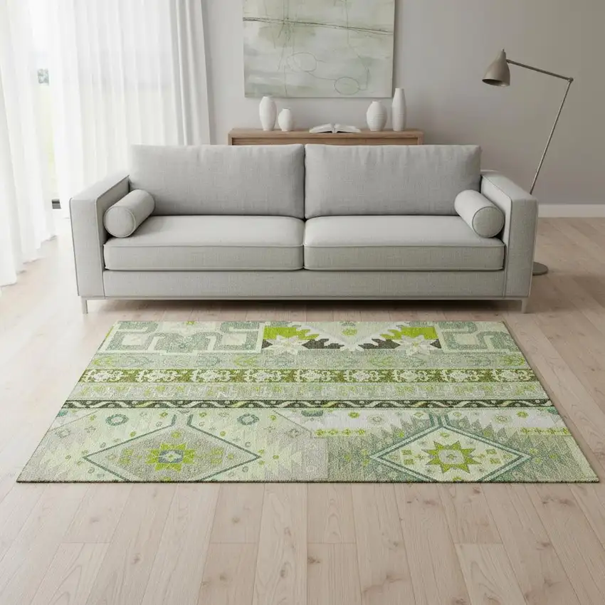 Sage Ivory And Lime Green Southwestern Washable Area Rug With UV Protection Photo 2