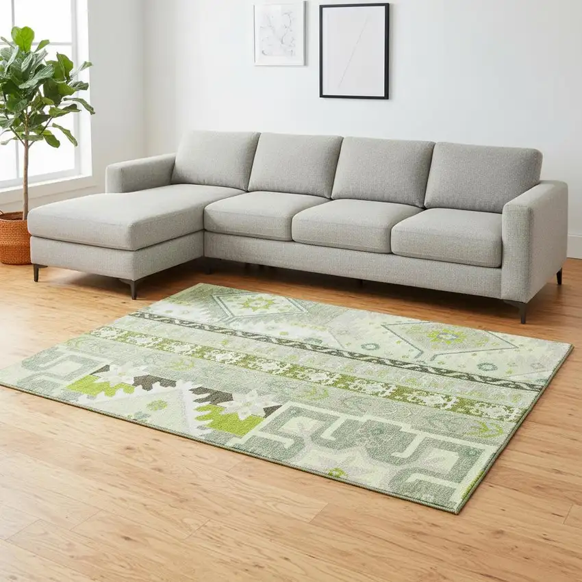 Sage Ivory And Lime Green Southwestern Washable Area Rug With UV Protection Photo 2