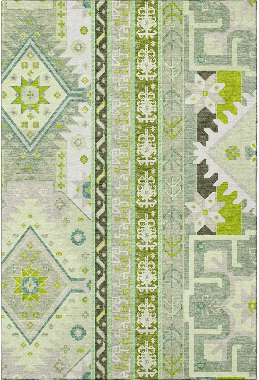 Sage Ivory And Lime Green Southwestern Washable Area Rug With UV Protection Photo 2