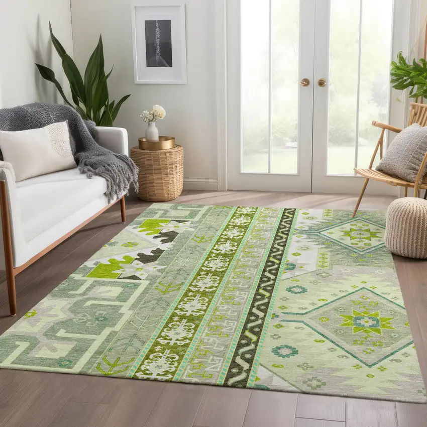 Sage Ivory And Lime Green Southwestern Washable Area Rug With UV Protection Photo 6