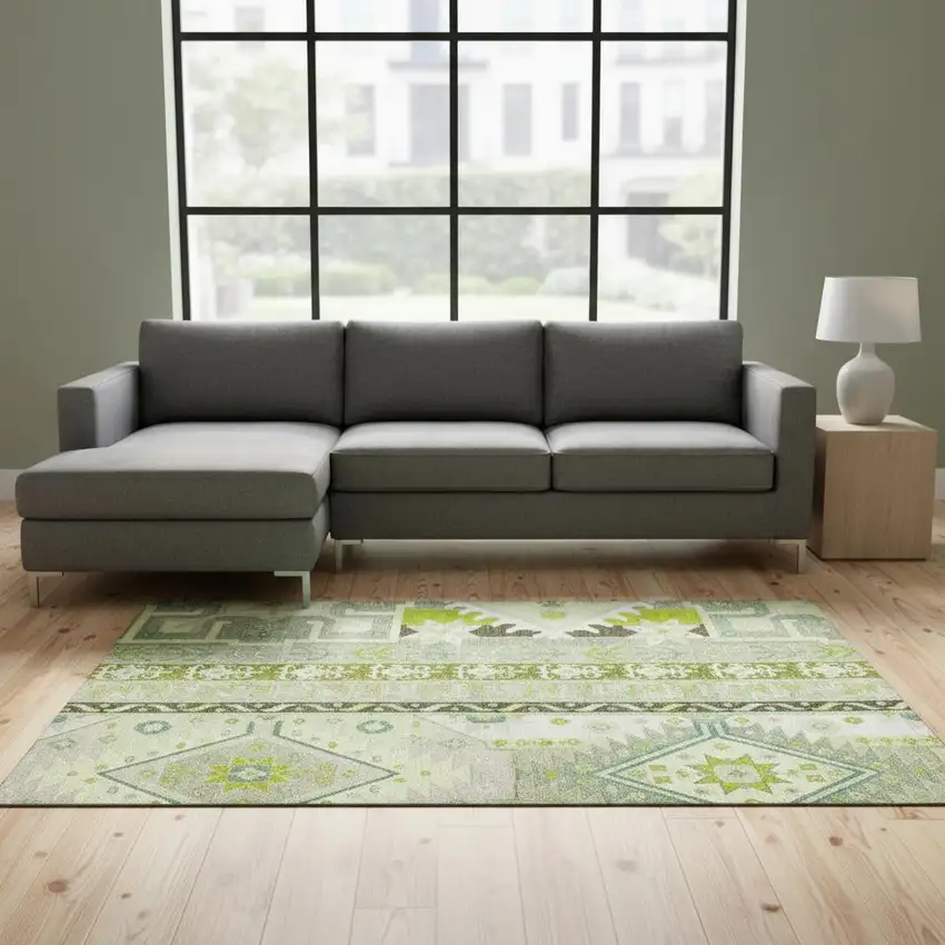 Sage Ivory And Lime Green Southwestern Washable Area Rug With UV Protection Photo 2