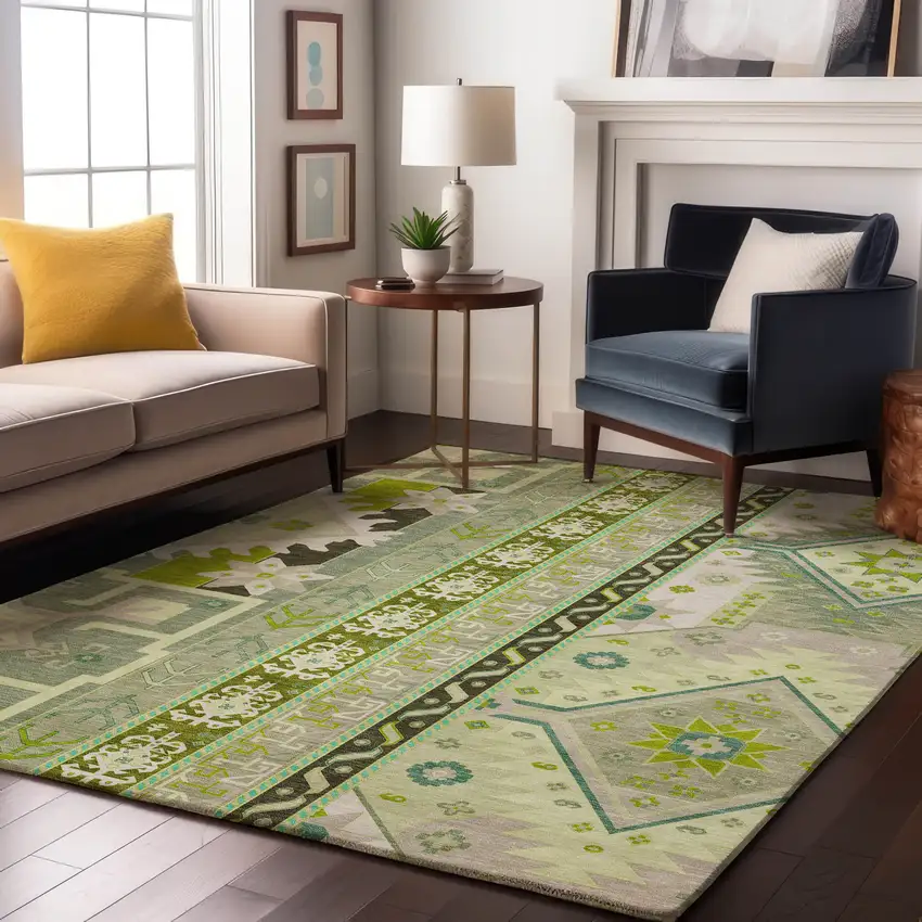 Sage Ivory And Lime Green Southwestern Washable Area Rug With UV Protection Photo 5