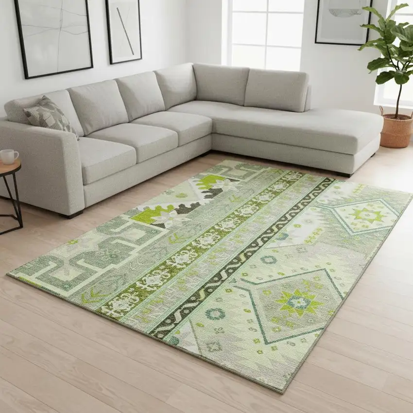 Sage Ivory And Lime Green Southwestern Washable Area Rug With UV Protection Photo 2