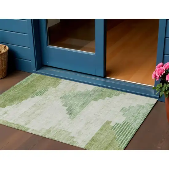 Sage Ivory And Olive Green Geometric Washable Indoor Outdoor Area Rug Photo 2