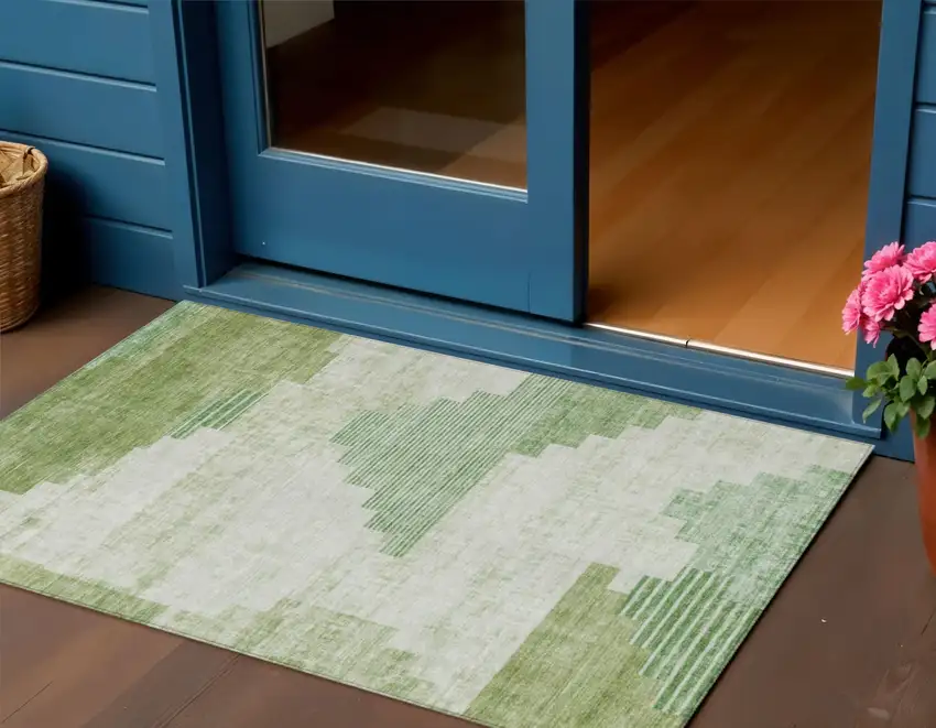 Sage Ivory And Olive Green Geometric Washable Indoor Outdoor Area Rug Photo 2