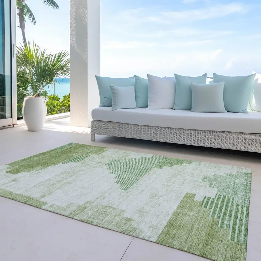 Sage Ivory And Olive Green Geometric Washable Indoor Outdoor Area Rug Photo 5