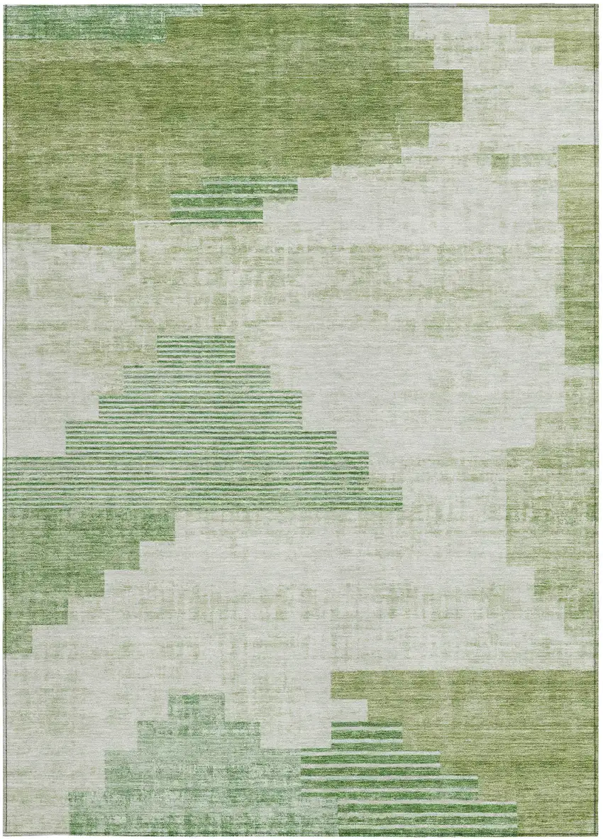 Sage Ivory And Olive Green Geometric Washable Indoor Outdoor Area Rug Photo 3