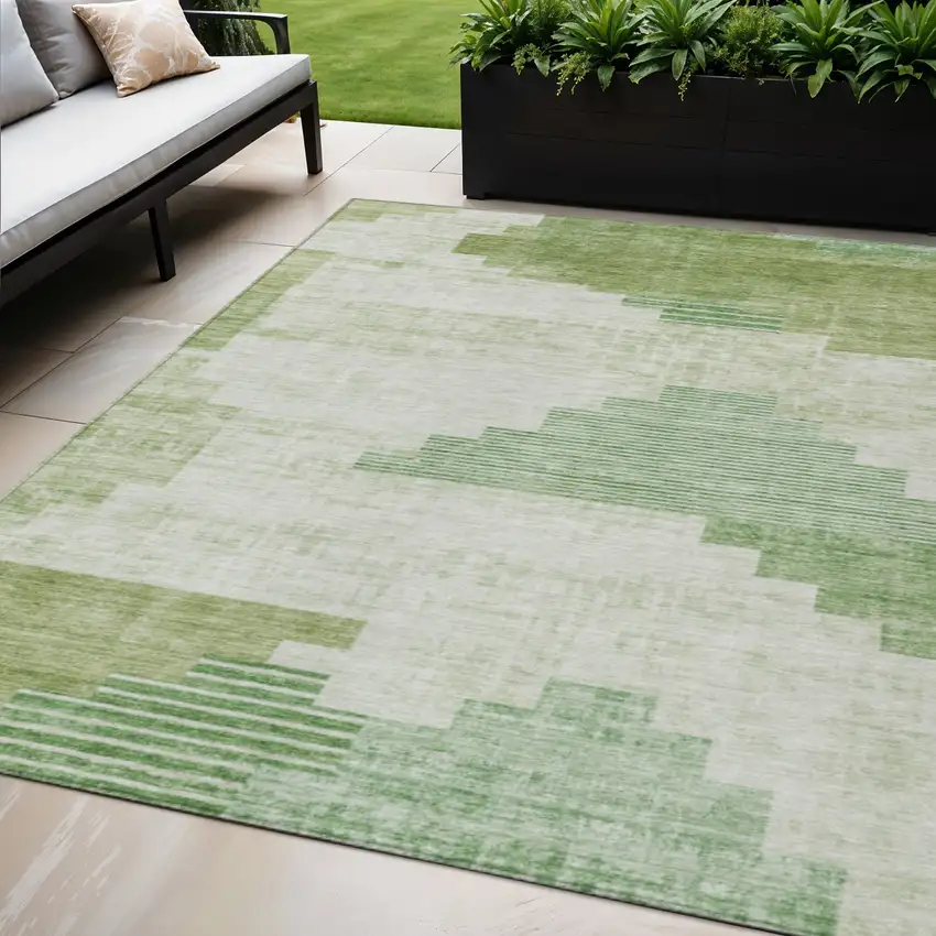 Sage Ivory And Olive Green Geometric Washable Indoor Outdoor Area Rug Photo 2
