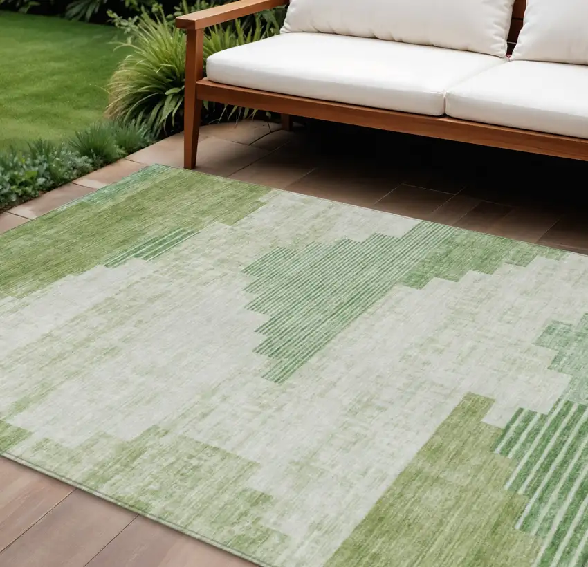 Sage Ivory And Olive Green Geometric Washable Indoor Outdoor Area Rug Photo 2