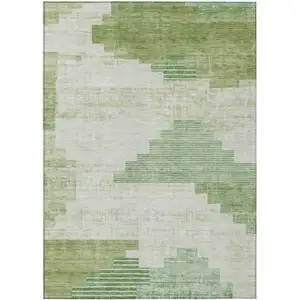 Photo of Sage Ivory And Olive Green Geometric Washable Indoor Outdoor Area Rug
