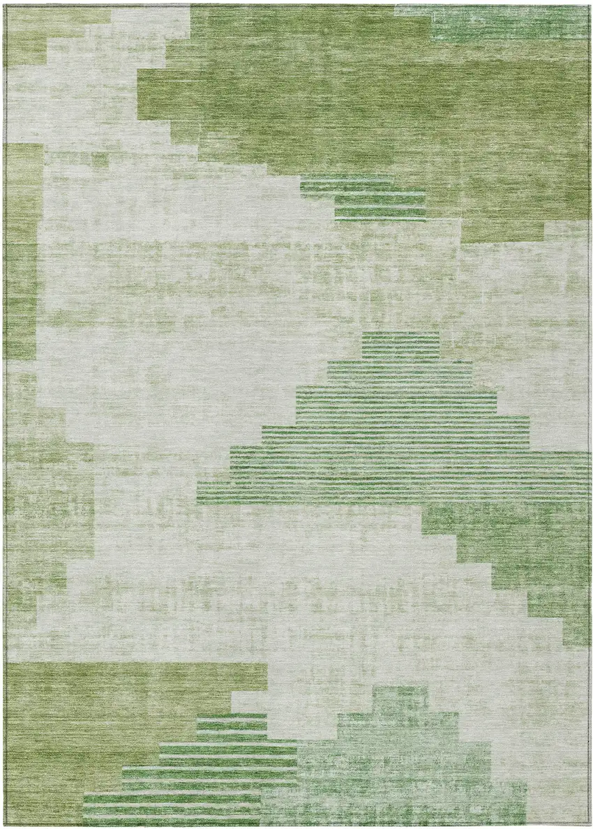 Sage Ivory And Olive Green Geometric Washable Indoor Outdoor Area Rug Photo 1