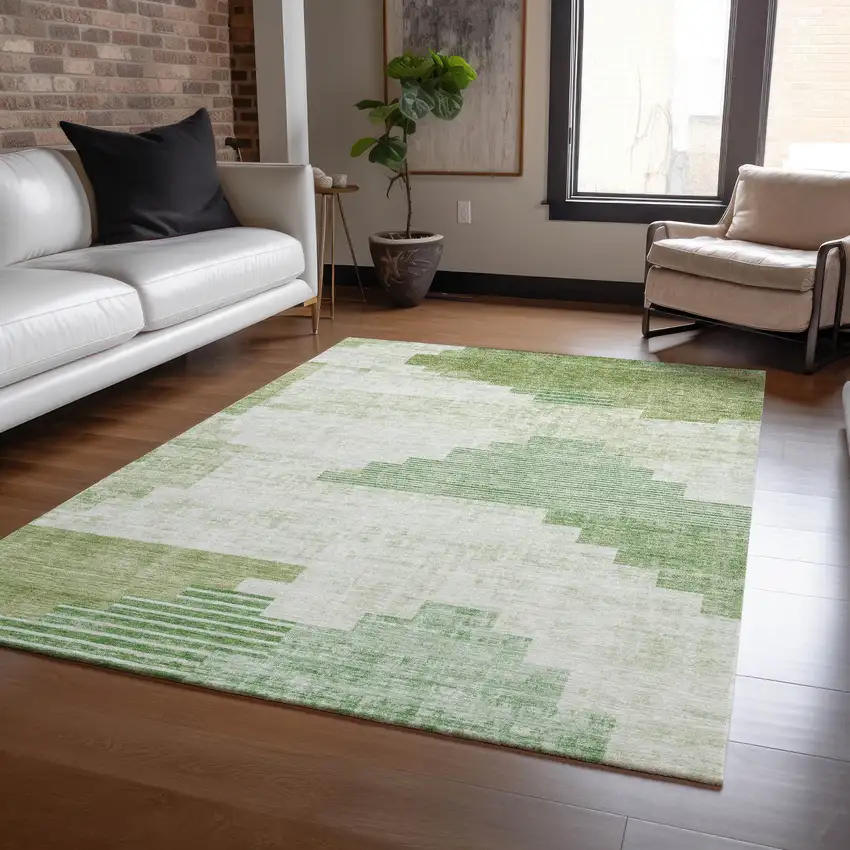Sage Ivory And Olive Green Geometric Washable Indoor Outdoor Area Rug Photo 6