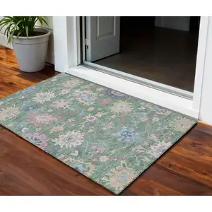 Photo of Sage Ivory And Pink Floral Washable Indoor Outdoor Area Rug