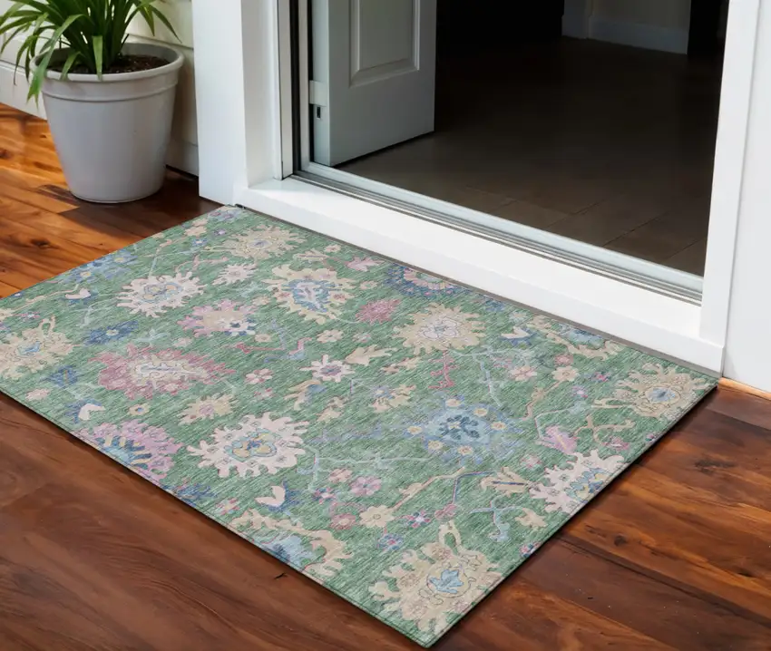 Sage Ivory And Pink Floral Washable Indoor Outdoor Area Rug Photo 1