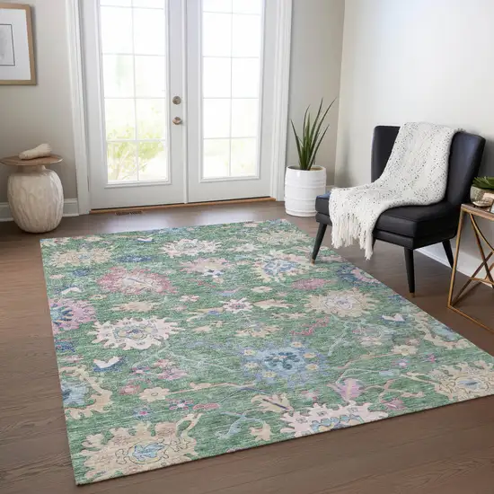 Sage Ivory And Pink Floral Washable Indoor Outdoor Area Rug Photo 9