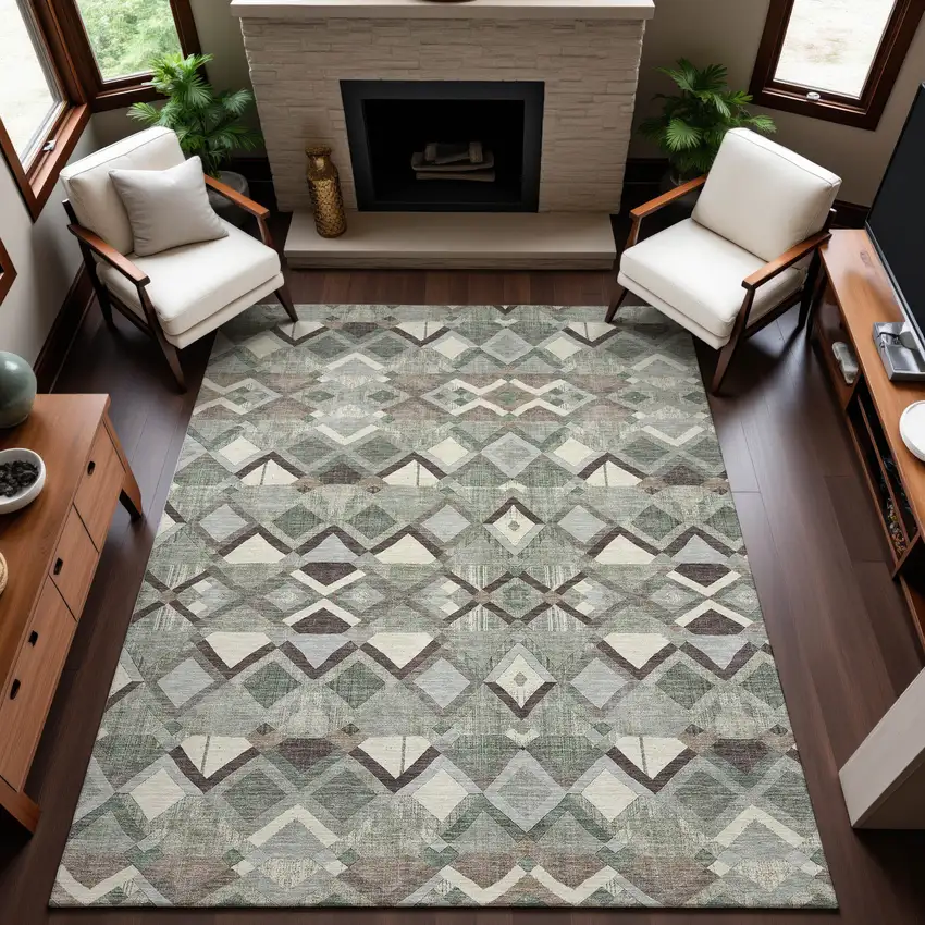 Sage Ivory And Taupe Geometric Washable Area Rug With UV Protection Photo 4