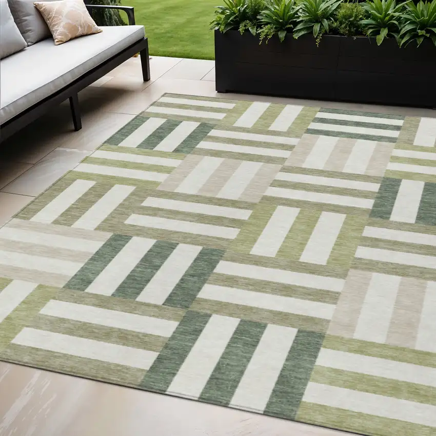 Sage Ivory And Taupe Geometric Washable Indoor Outdoor Area Rug Photo 1