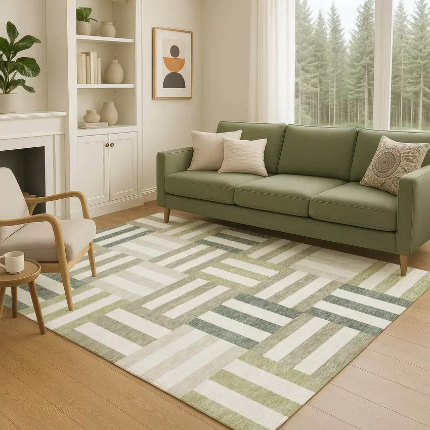 Sage Ivory And Taupe Geometric Washable Indoor Outdoor Area Rug Photo 8