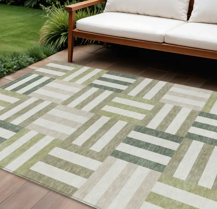 Sage Ivory And Taupe Geometric Washable Indoor Outdoor Area Rug Photo 1