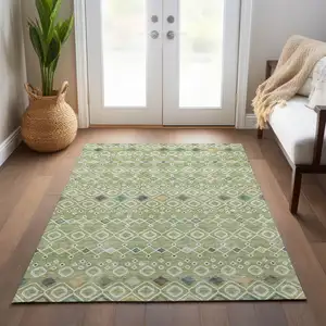 Photo of Sage Ivory And Teal Blue Geometric Washable Indoor Outdoor Area Rug