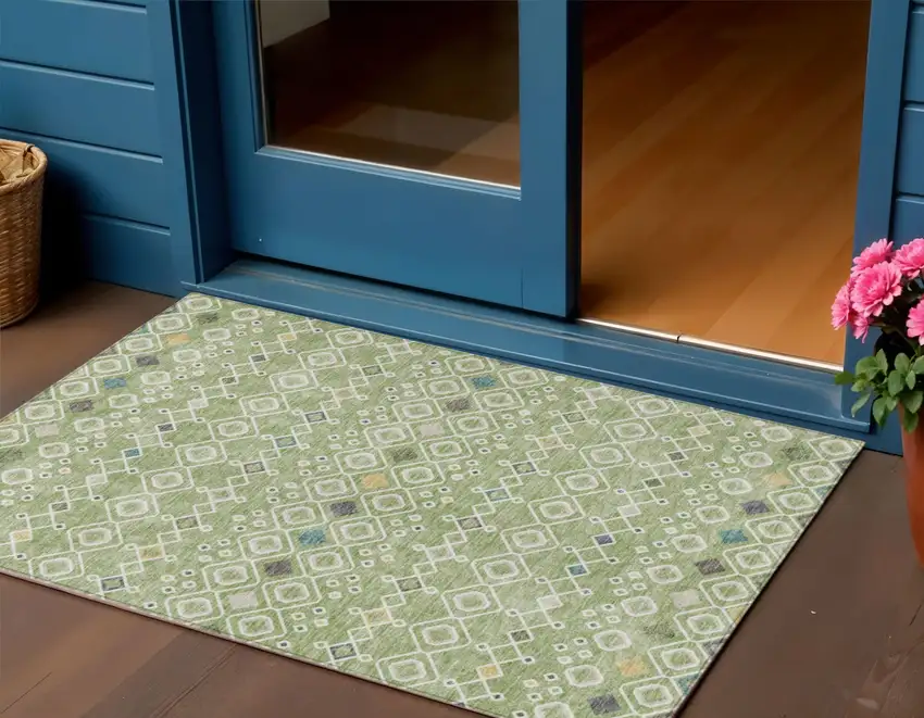 Sage Ivory And Teal Blue Geometric Washable Indoor Outdoor Area Rug Photo 1