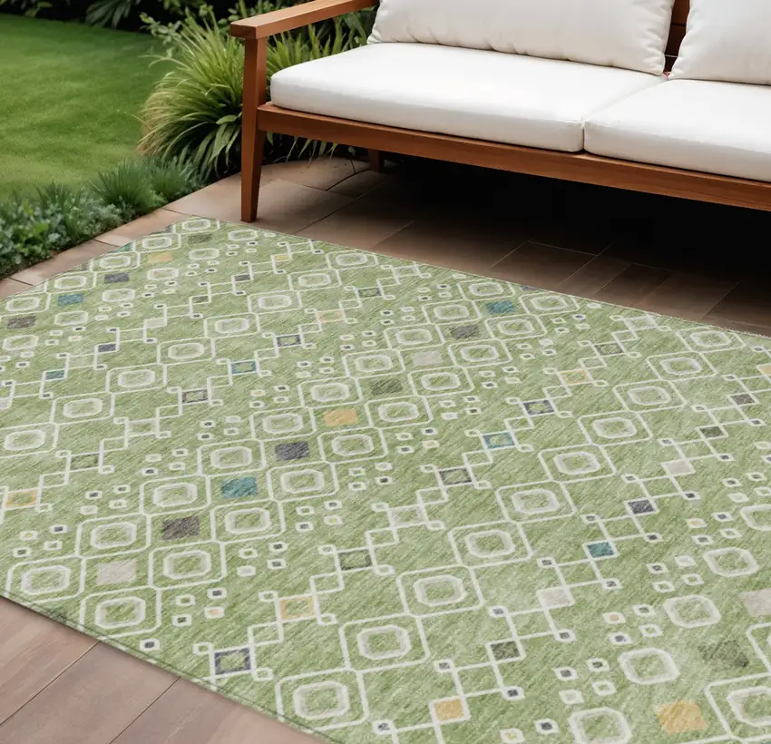 Sage Ivory And Teal Blue Geometric Washable Indoor Outdoor Area Rug Photo 1