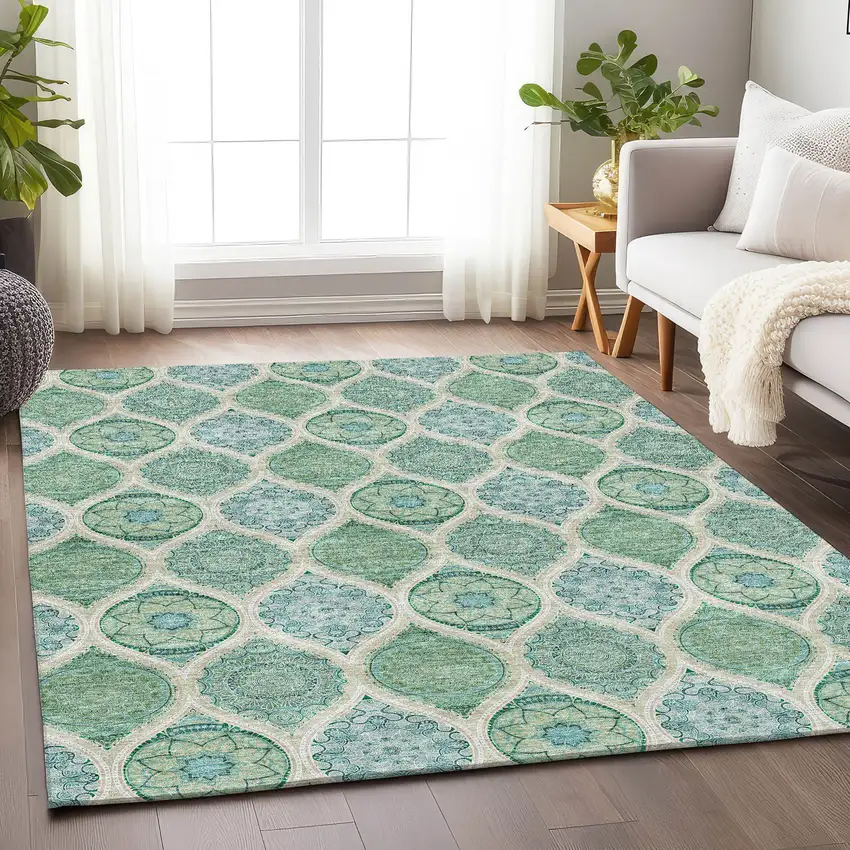 Sage Ivory And Teal Ogee Washable Area Rug With UV Protection Photo 4