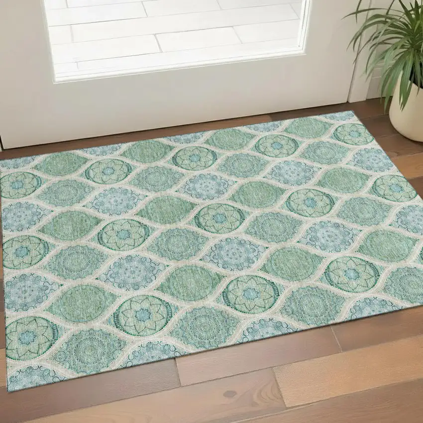 Sage Ivory And Teal Ogee Washable Area Rug With UV Protection Photo 1
