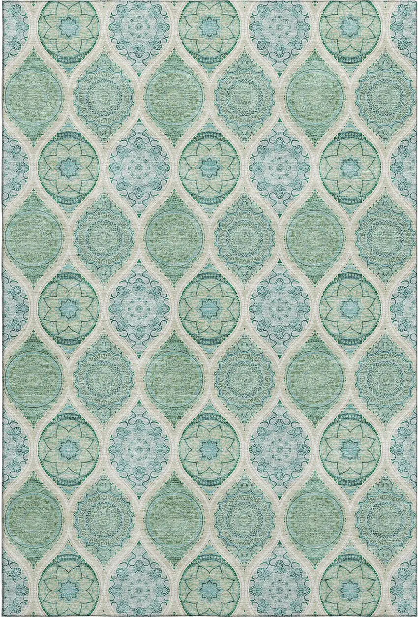Sage Ivory And Teal Ogee Washable Area Rug With UV Protection Photo 1