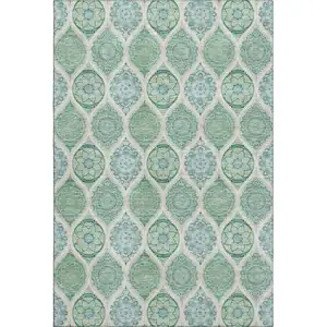 Photo of Sage Ivory And Teal Ogee Washable Area Rug With UV Protection