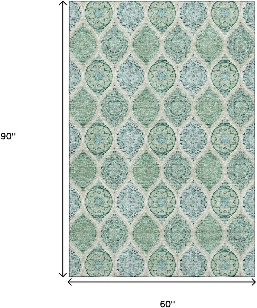 Sage Ivory And Teal Ogee Washable Area Rug With UV Protection Photo 9