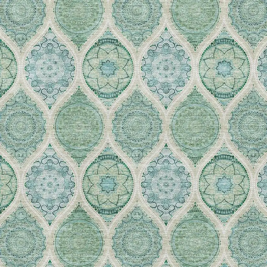 Sage Ivory And Teal Ogee Washable Area Rug With UV Protection Photo 2