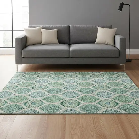 Sage Ivory And Teal Ogee Washable Area Rug With UV Protection Photo 2