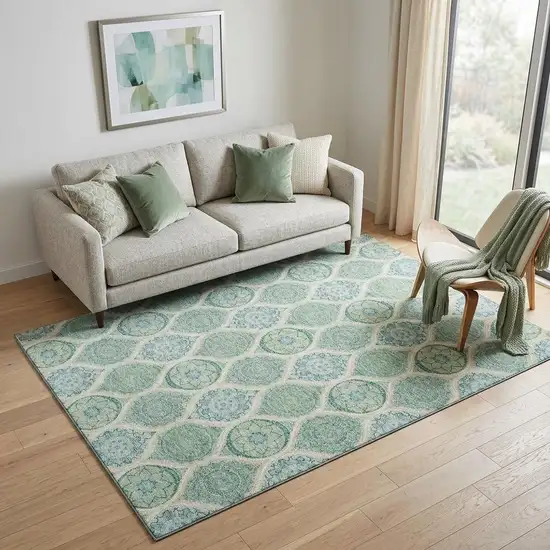 Sage Ivory And Teal Ogee Washable Area Rug With UV Protection Photo 1