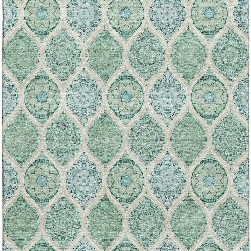 Sage Ivory And Teal Ogee Washable Area Rug With UV Protection Photo 2