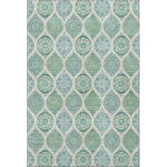 Sage Ivory And Teal Ogee Washable Area Rug With UV Protection Photo 3