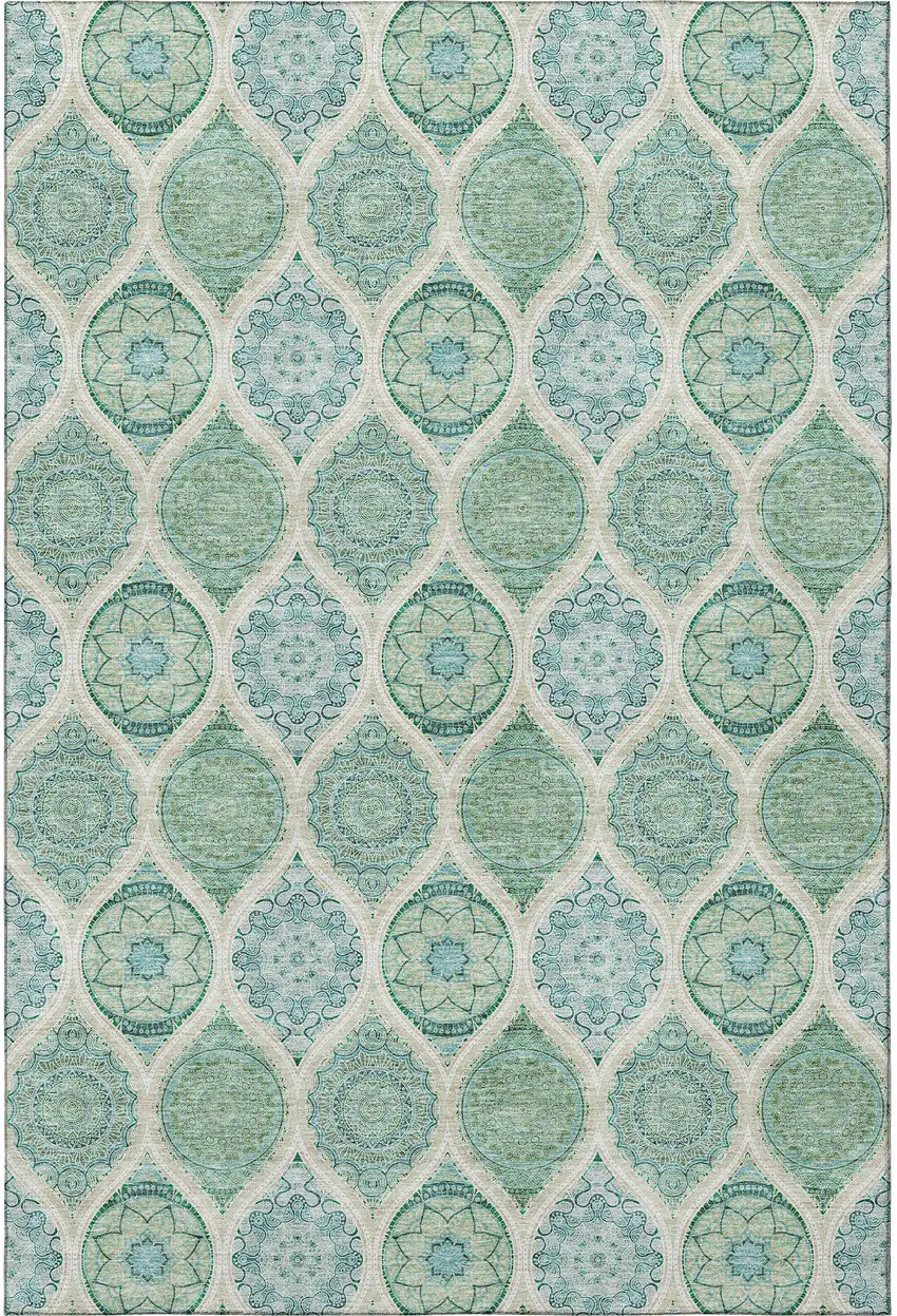 Sage Ivory And Teal Ogee Washable Area Rug With UV Protection Photo 3