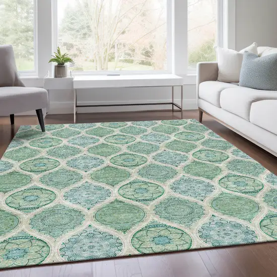 Sage Ivory And Teal Ogee Washable Area Rug With UV Protection Photo 5
