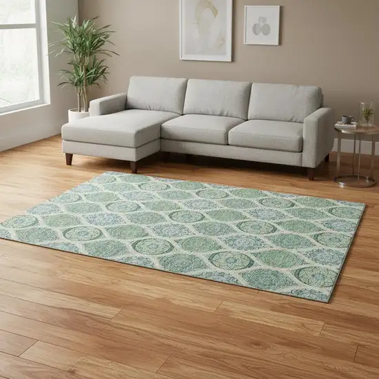 Sage Ivory And Teal Ogee Washable Area Rug With UV Protection Photo 2