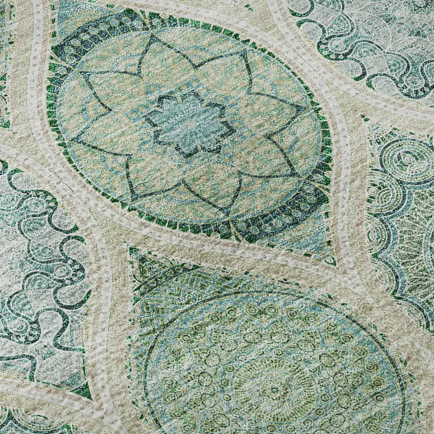 Sage Ivory And Teal Ogee Washable Area Rug With UV Protection Photo 9