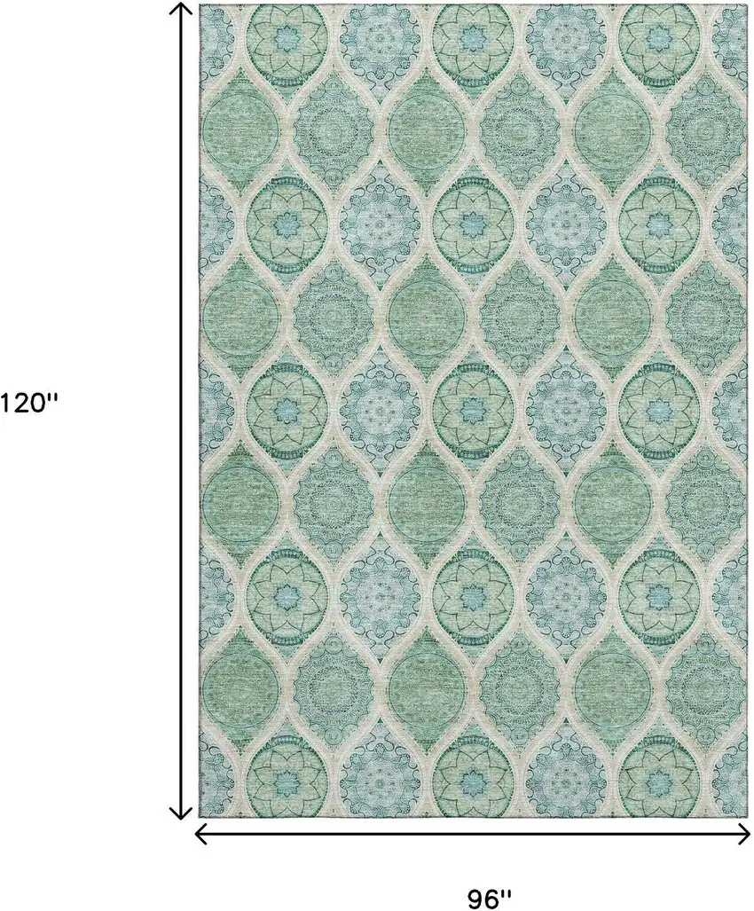 Sage Ivory And Teal Ogee Washable Area Rug With UV Protection Photo 8