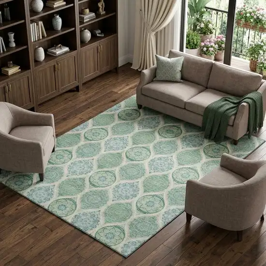 Sage Ivory And Teal Ogee Washable Area Rug With UV Protection Photo 1