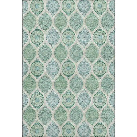 Sage Ivory And Teal Ogee Washable Area Rug With UV Protection Photo 1